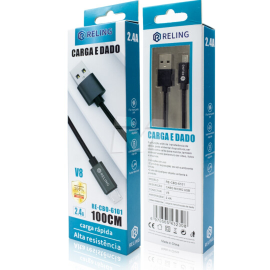 Cabo V8 para Celular 2.4A com 1 Metro RELING - RE-CBO-6101 Reling
