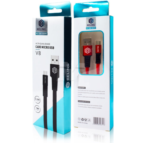 Cabo V8 para Celular 2.4A com 1 Metro RELING - RE-CBO-6004-V Reling
