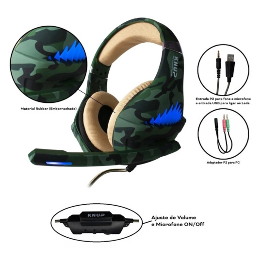Fone de Ouvido Headset Gamer Led Camuflado P2 e Adaptador VERDE KNUP - KP-GA01 