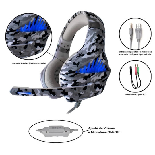Fone de Ouvido Headset Gamer Led Camuflado P2 e Adaptador CINZA KNUP - KP-GA01