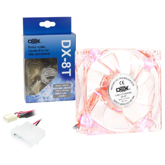 Cooler Fan 80mm Transparente com Led Vermelho Alta Pressão Dex - DX-8T
