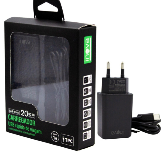 Carregador de Celular Turbo 20W QC 3.0 com Cabo Type-C INOVA - CAR2176D-AA-TC
