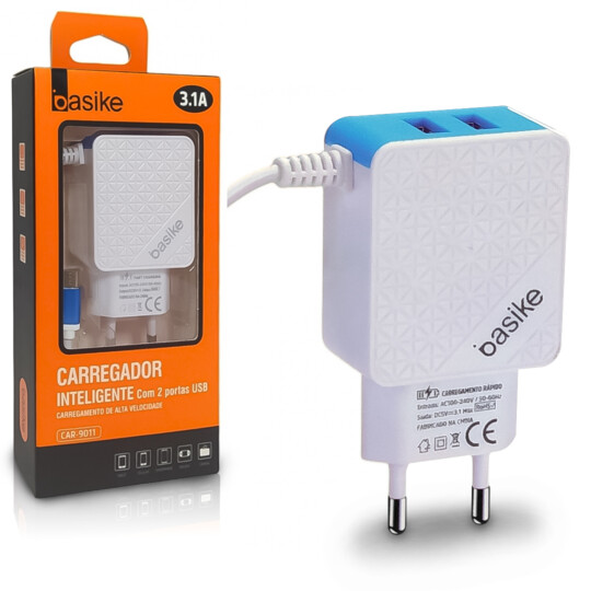 Carregador de Celular 3.1A 2 Portas USB e Cabo V8 Basike - BA-CAR-9011