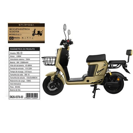 Scooter Bicicleta Elétrica 1200w Dourada Bivolt X6-D