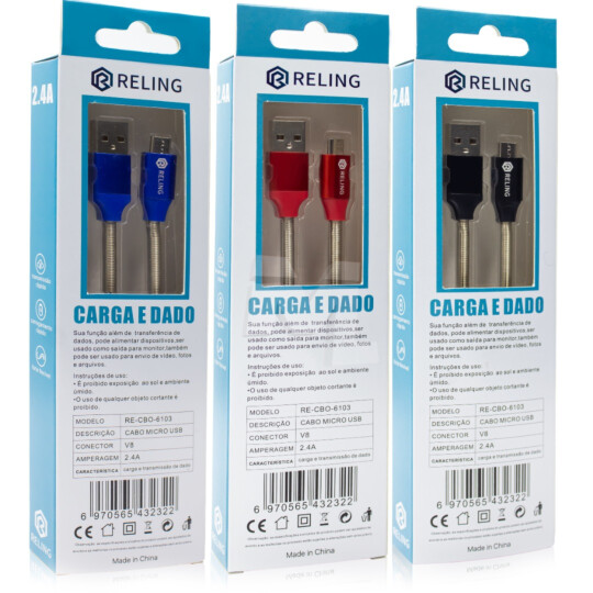 Cabo V8 de Carregamento e Dados Usb 2.4A com 1 Metro - RE-CBO-6103 Reling