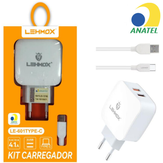 Carregador de Celular 4.1A com 2 saídas Usb + Cabo Type C C/ Anatel LEHMOX - LE-601 TYPE-C
