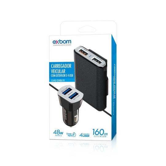 Carregador Veicular 4 Portas Com Extensor 2 Portas USB QC3.0 48W - EXBOM - CA4U-EX48A10