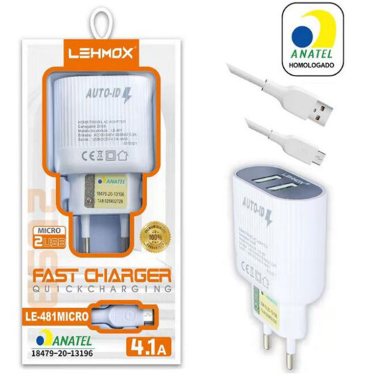 Carregador 4.1A 2 Portas Usb + Cabo V8 com Anatel Lehmox - LE-481 MICRO