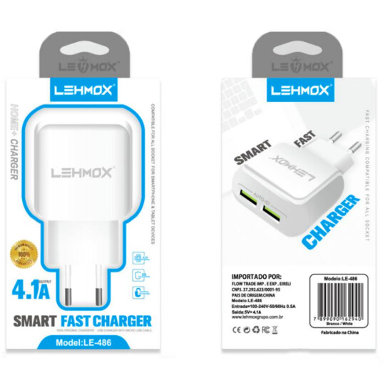 Carregador Turbo Smart 4.1A com 2 Portas Usb Carregamento Rápido - LE-486