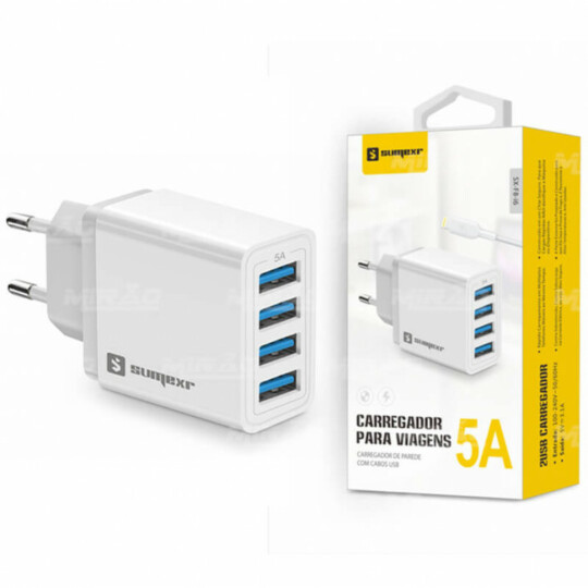 Carregador Turbo 5.0A com 4 Entradas USB e Cabo para iOS SUMEXR - SX-F8-I6