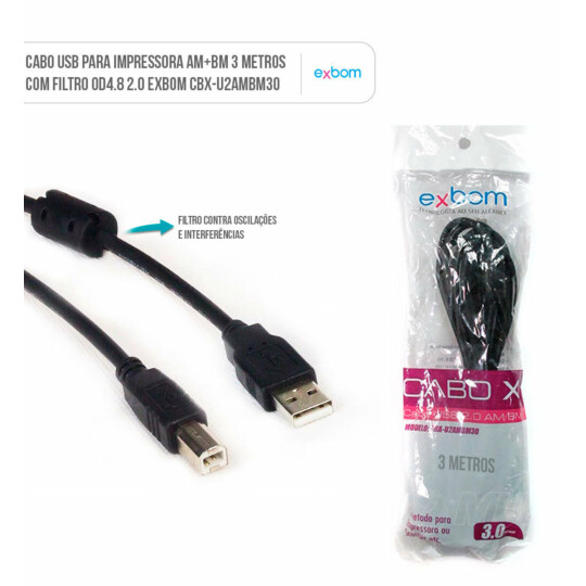 Cabo Usb 2.0 para Impressora Am Af Com Filtro 3 Metros EXBOM - CBX-U2AMBM30