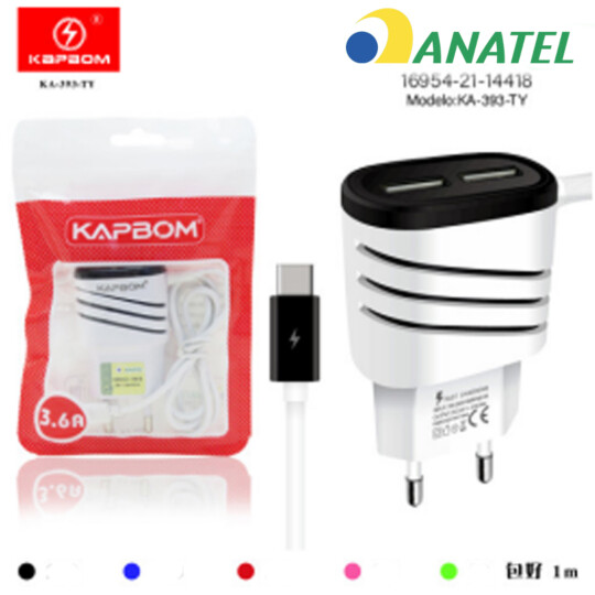 Carregador Type C + 2 Portas Usb Colorido Kapbom - KA-393-TY-DZ