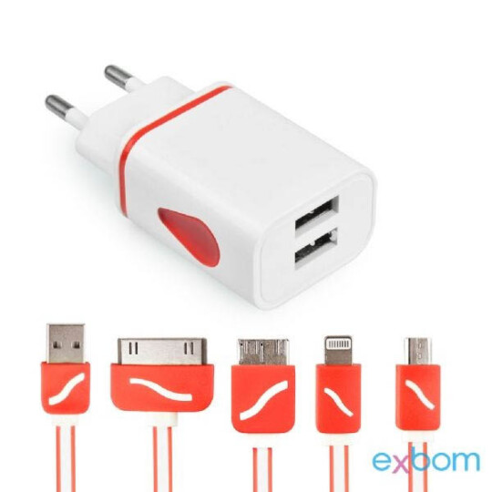 Carregador de Viagem 2.0A 5 Em 1 c/ 2Portas Usb V8/lighting/iphone 4/ Micro 3.0 - CUS-C5E1C - 02472