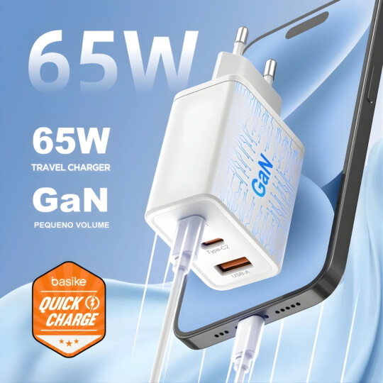 Carregador Basike 65W 3 Portas + Cabo 4 em 1 Trançado Branco