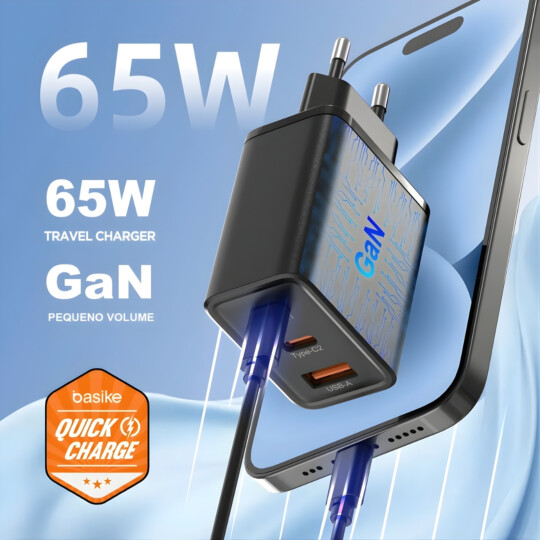 Carregador Basike 65W 3 Portas + Cabo 4 em 1 Trançado Preto