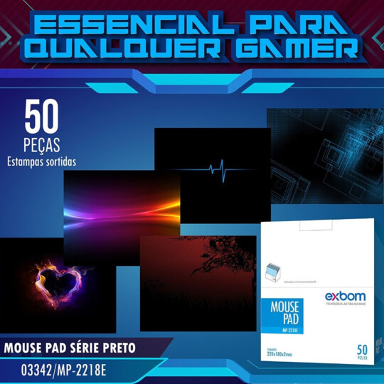 Mouse Pad Com Embalagem Expositora 50 Peças 6 Modelos de Fundo Preto Exbom - MP-2218E