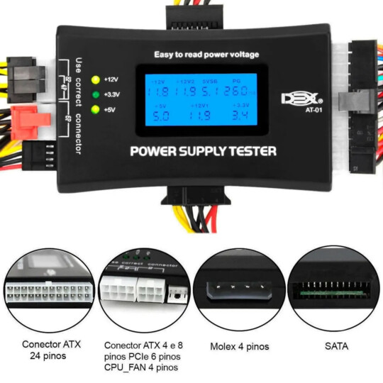 Testador Fonte Alimentação ATX 20/24 Pinos Display LCD Dex - AT-01