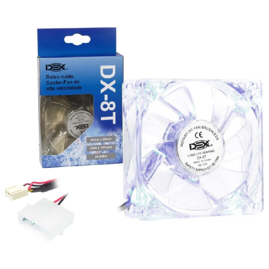 Cooler Fan 80mm Transparente com Led Branco Alta Pressão Dex - DX-8T