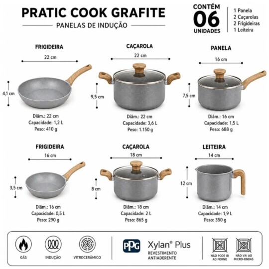 Conjunto Jogo 6 Panelas Pratic Cook Grafite Indução Mimo
