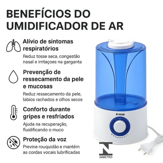 Umidificador De Ar Ultrassônico 3,5L Azul Aromaterapia BMAX U01