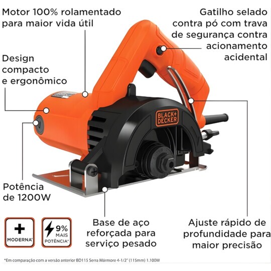 Serra Mármore Black+Decker 127V 4-3/8" 110mm 1200W + 1 Disco