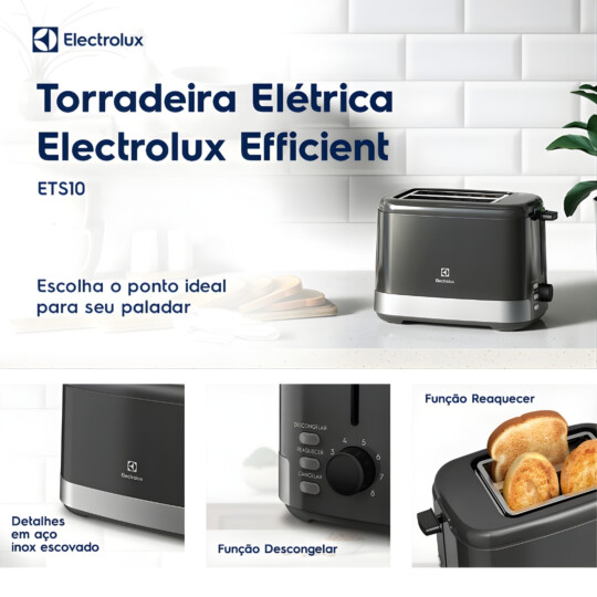 Torradeira Elétrica ETS 10 Efficient Com 8 Níveis de Tostagem Inox Preto Electrolux