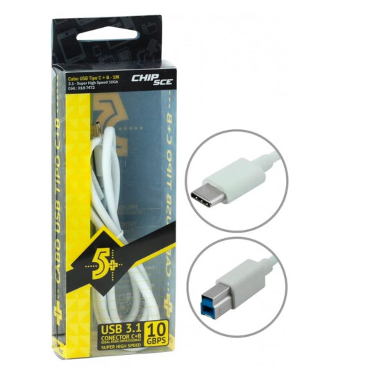 Cabo Tipo C 3.1 + Usb B Macho - 10 Gbps 1 Metro Branco - 018-7472