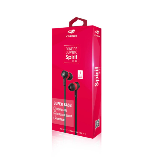 Fone de Ouvido Intra Auricular Spirit Preto/Vermelho C3Tech - EP-05BRD