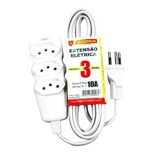 Extensão Elétrica 2P+T 3 Tomadas Bivolt 10A 3 Metros - Branca Megatron - 84