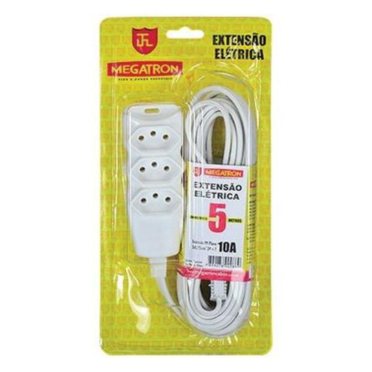 Extensão Elétrica 2P+T 3 Tomadas Bivolt 10A 5 Metros - Branca Megatron - 86