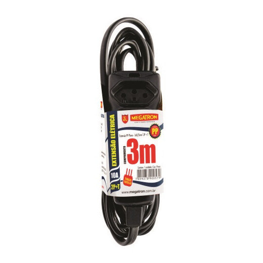 Extensão Elétrica PP 3 Metros Até 220v Preto Megatron - 57
