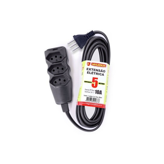 Extensão Elétrica 2P+T 3 Tomadas Bivolt 10A 5 Metros sem Embalagem - Preta Megatron - 58