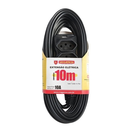 Extensão Elétrica 2P+T 3 Tomadas Bivolt 10A 10 Metros sem Embalagem - Preta Megatron - 59