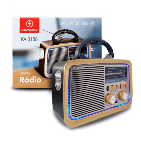 Rádio FM/AM Retrô Estilo Antigo Bivolt Usb Aux P2 com Lanterna KAPBOM - KA-3188 