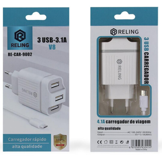 Carregador de Celular com 3 Portas Usb + Cabo V8 3.1A - RE-CAR-9002