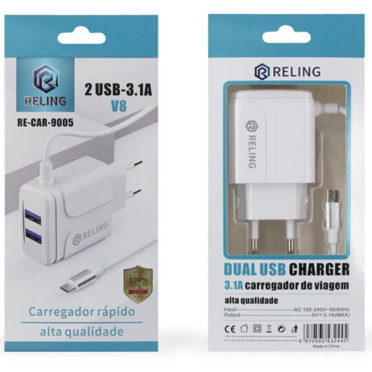 Carregador de Celular com 2 Portas Usb + Cabo V8 3.1A - RE-CAR-9005