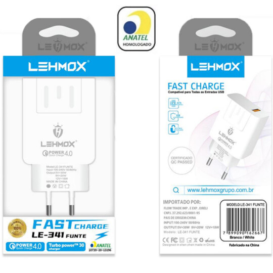 Carregador Turbo Power 4.0 de Tomada Quick Charge Selo Anatel Lehmox - LE-341