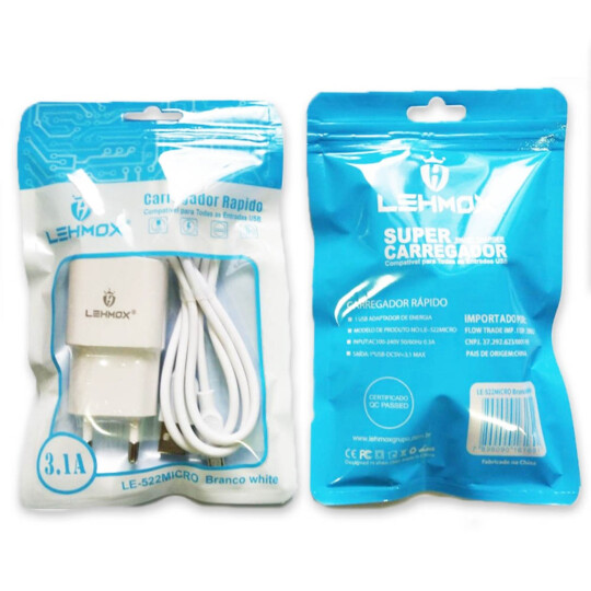 Carregador de Celular + Cabo V8 Usb 3.1A Com Anatel - LE-522