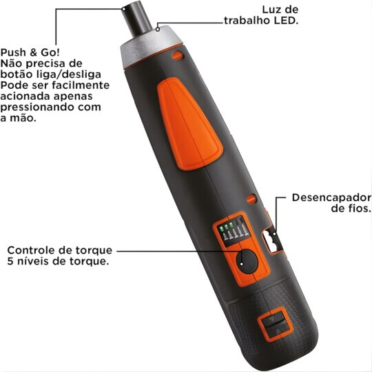 Parafusadeira a Bateria 4V Litio Push&Go + Acessórios Black+Decker