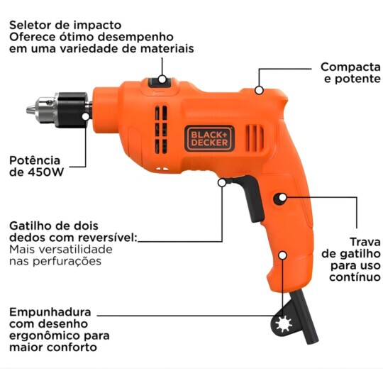 Furadeira De Impacto Black+Decker 3/8 Pol 450w Laranja E Preto 110v