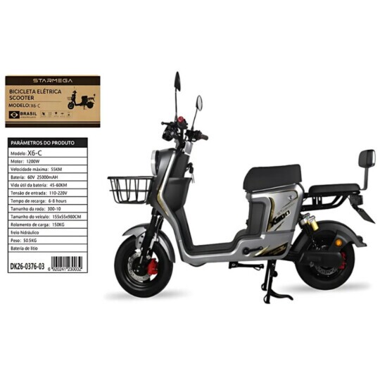 Scooter Elétrica 1200w Bivolt 25000mAH Cinza X6-C