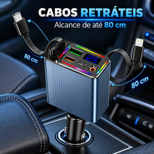 Carregador Turbo Para Carro Veicular 120w 4 Em 1 Retrátil