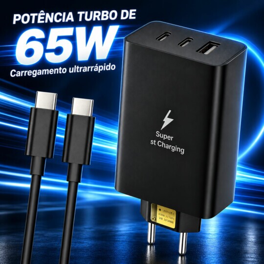 Carregador de Celular Turbo 2PD+USB 65W Cabo 1M