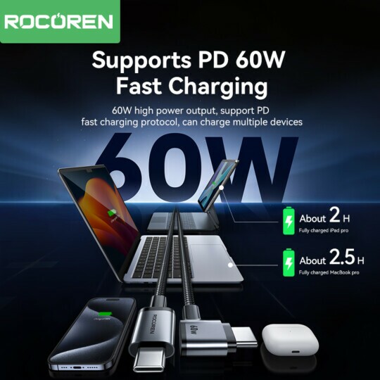 Cabo USB-C Rocoren Kaijia USB-C p/ USB-C 60W 1M - RCXCTT-KJ0G