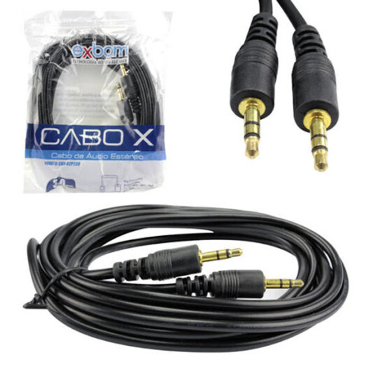 Cabo 3 Metros P2xP2 (3.5mm) Macho Preto Reforçada Ponta Dourada Exbom - CBX-A2P230M
