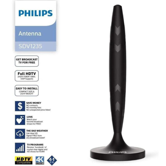 Antena Interna Philips 4 Em 1 Vhf Uhf Fm Hdtv 3M - Sdv1235/55