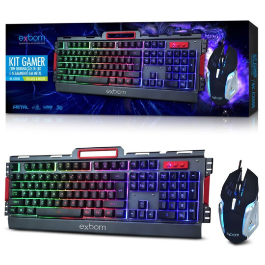Kit Teclado Semi Mecânico e Mouse Gamer USB ABNT 2 Iluminado Led Rgb Metal Exbom - BK-G3000