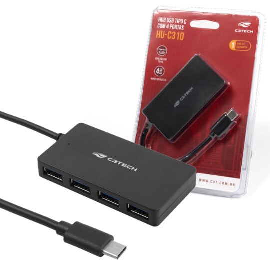 Hub Type C com 4 Portas Usb 3.0 5Gbps C3TECH - HU-C310BK 