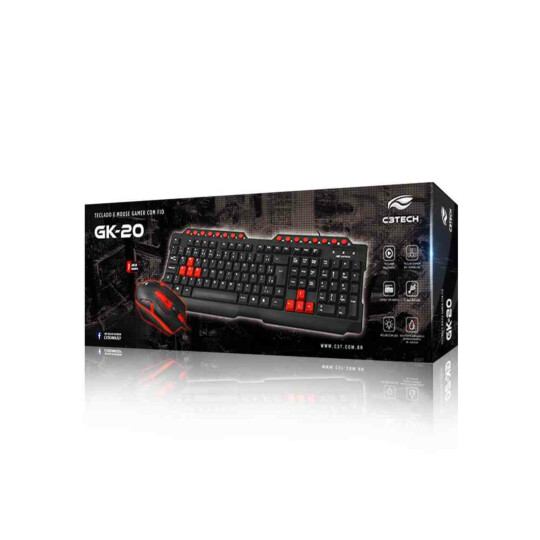 Kit Teclado e Mouse C3Tech Preto e Vermelho ABNT2 1200DPI - GK-20BK