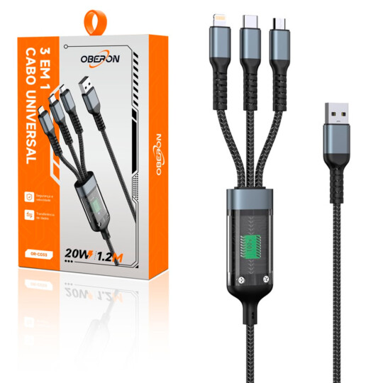 Cabo Carregador 3 em 1 Type-C V8 Lightning 20W 1.2 Metros - OR-C033 